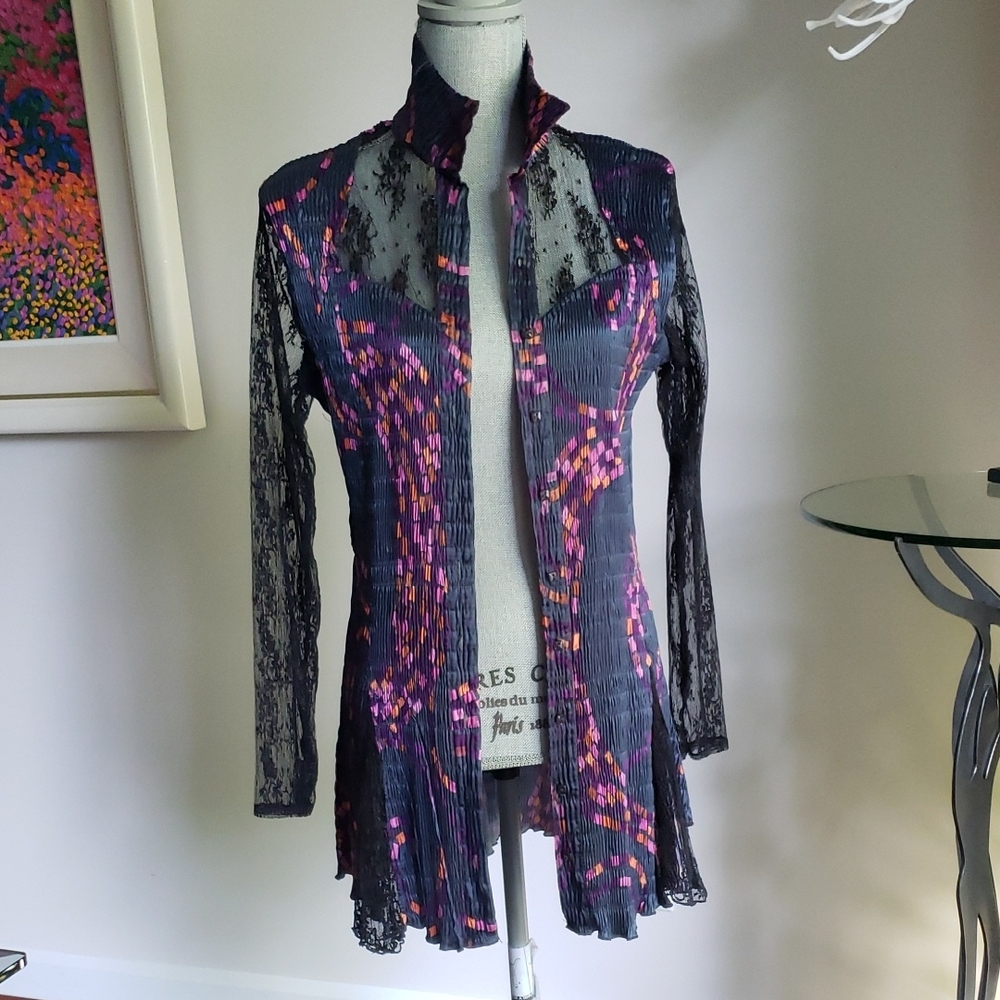 Komarov Black and Pink Asymmetrical Long Sleeve Blouse